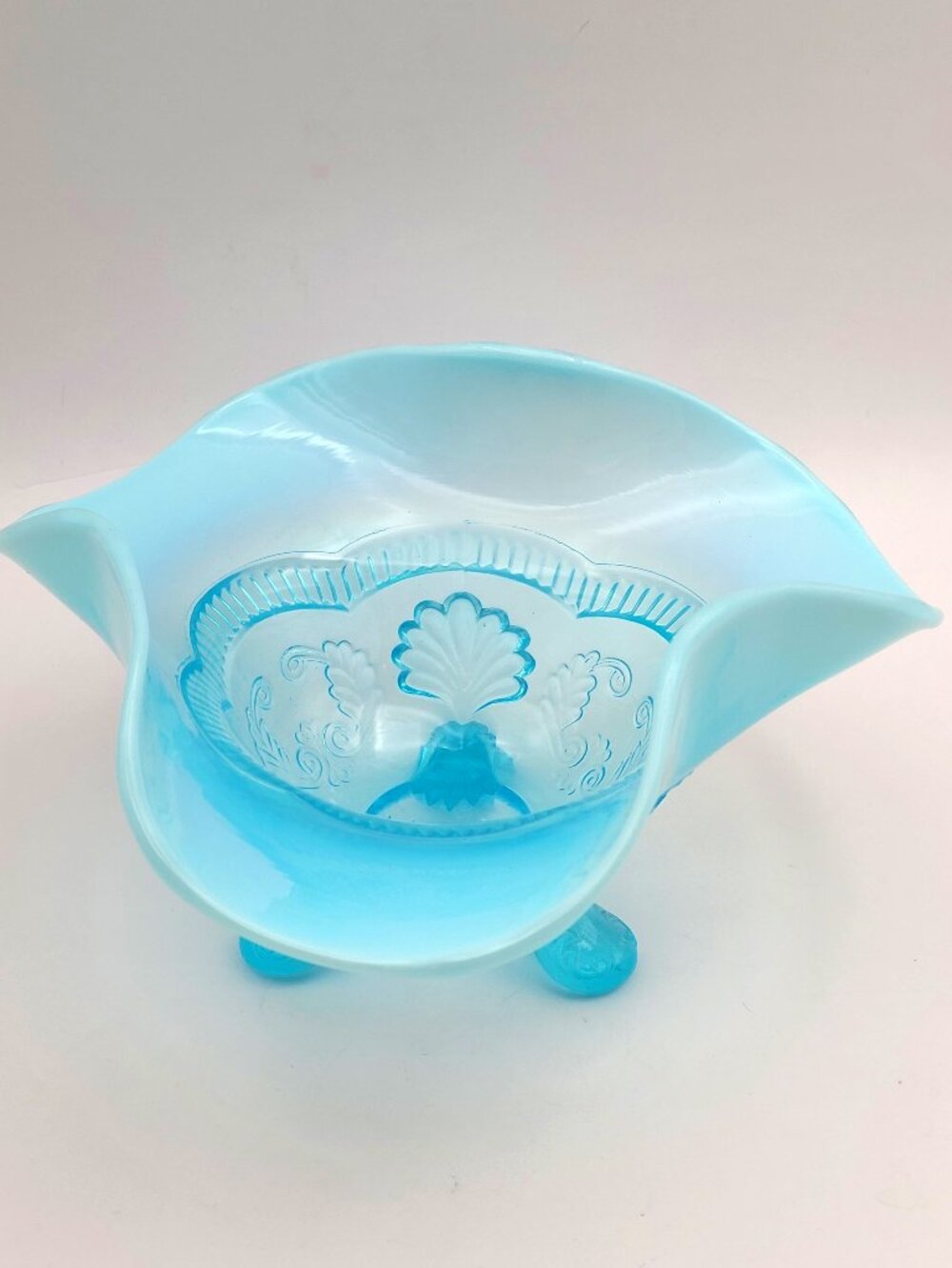 Antique Model Flint Manila Wreath Shell Blue Opalescent Footed Bowl